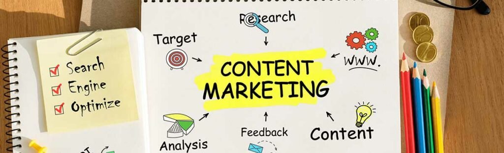 FAQs About Hiring A Digital Marketing Agency 8 Photo handwriting of content marketing word in notebook on the wood table